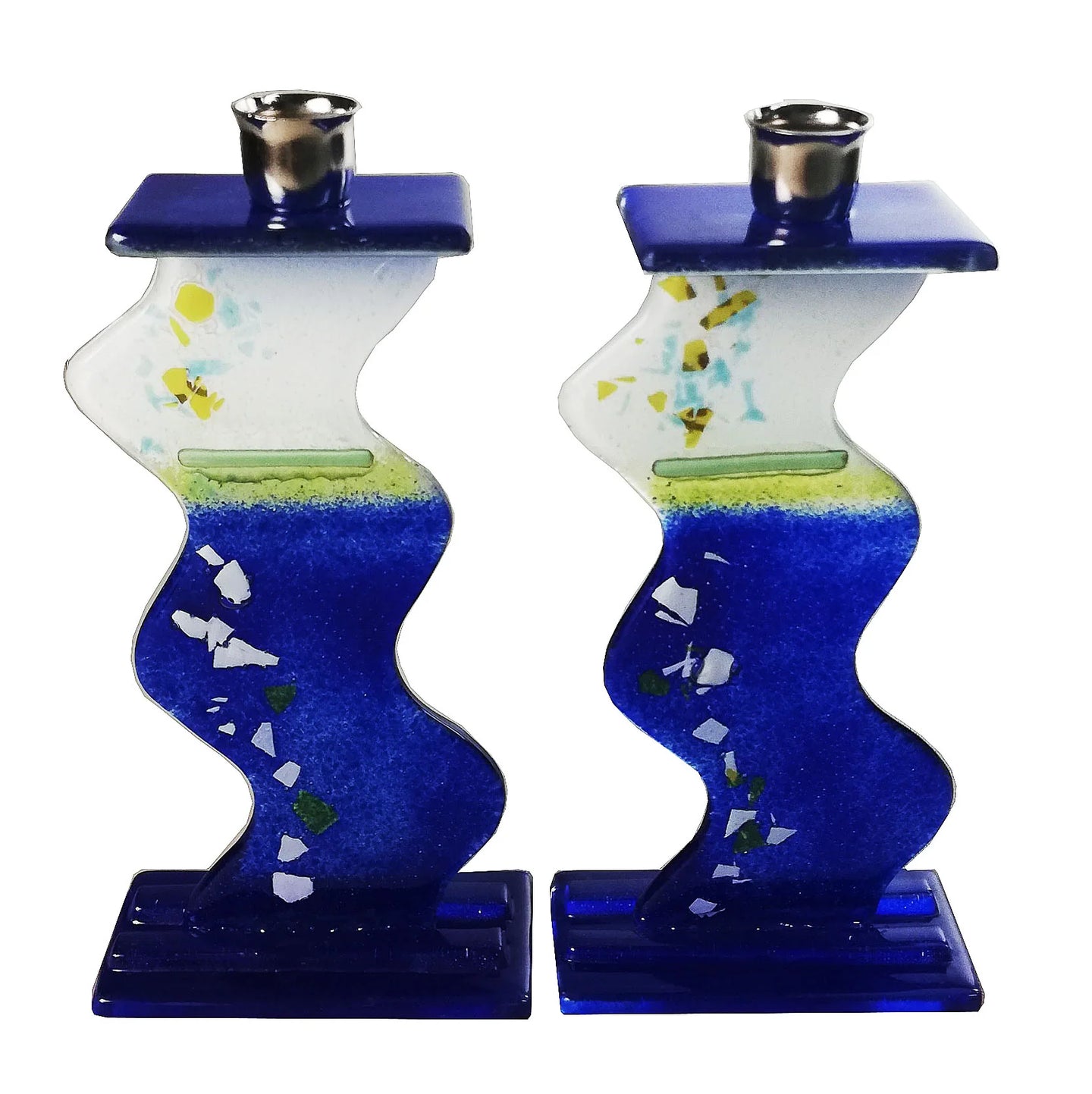 Fused Glass Blue and White Candlesticks