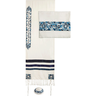 Embroidered Mosaic Tallit Set in Blues