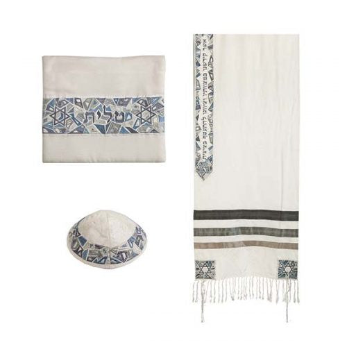 Embroidered Mosaic Tallit Set in Grays