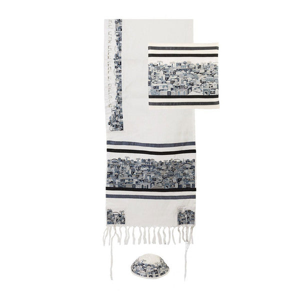 Embroidered Jerusalem Tallit Set in Black and Gray