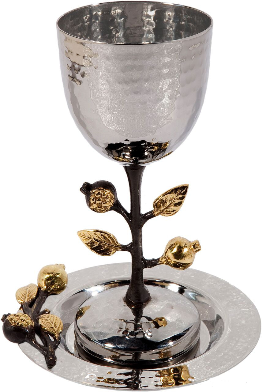 Hammered Nickel and Pomegranate Kiddush Cup and Tray
