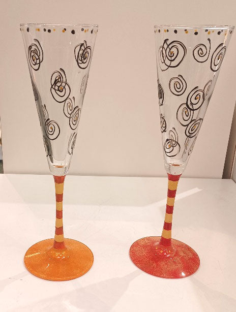 Kay Young Handpainted Pair of Glass Champagne Flutes