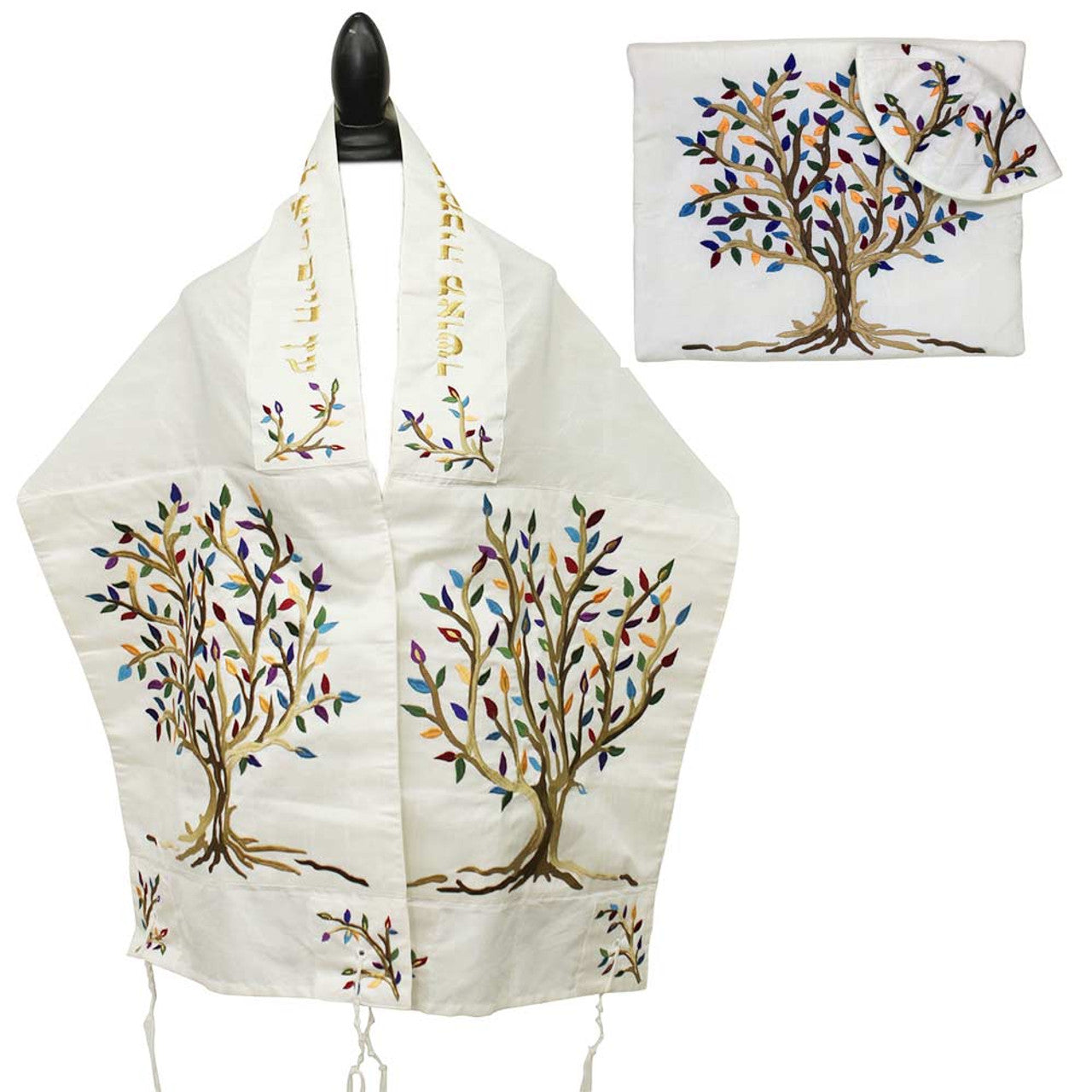 Raw Silk Embroidered Tree of Life Tallit in Multi-Color