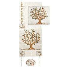Raw Silk Embroidered Tree of Life Tallit in Brown and Green