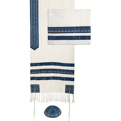 Embroidered Striped Tallit Set in Blue