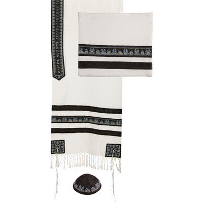 Embroidered Striped Tallit Set in Black