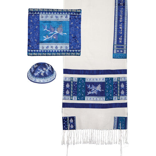 Fully Embroidered Pomegranate Tallit Set in Blues