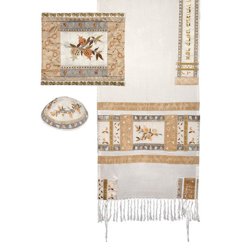 Fully Embroidered Pomegranate Tallit Set in Gold