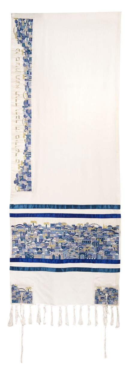 Embroidered Jerusalem Tallit Set in Blues