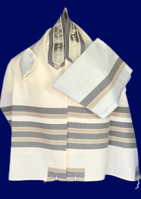 Gray and Taupe Ribbon Wool Tallit set