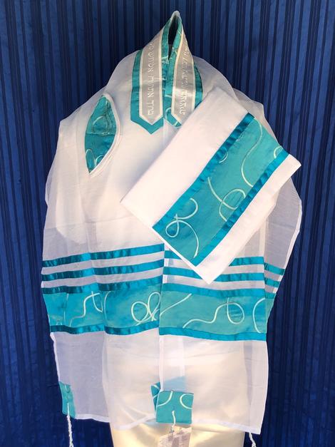 Teal Swirl And Chiffon Tallit Set