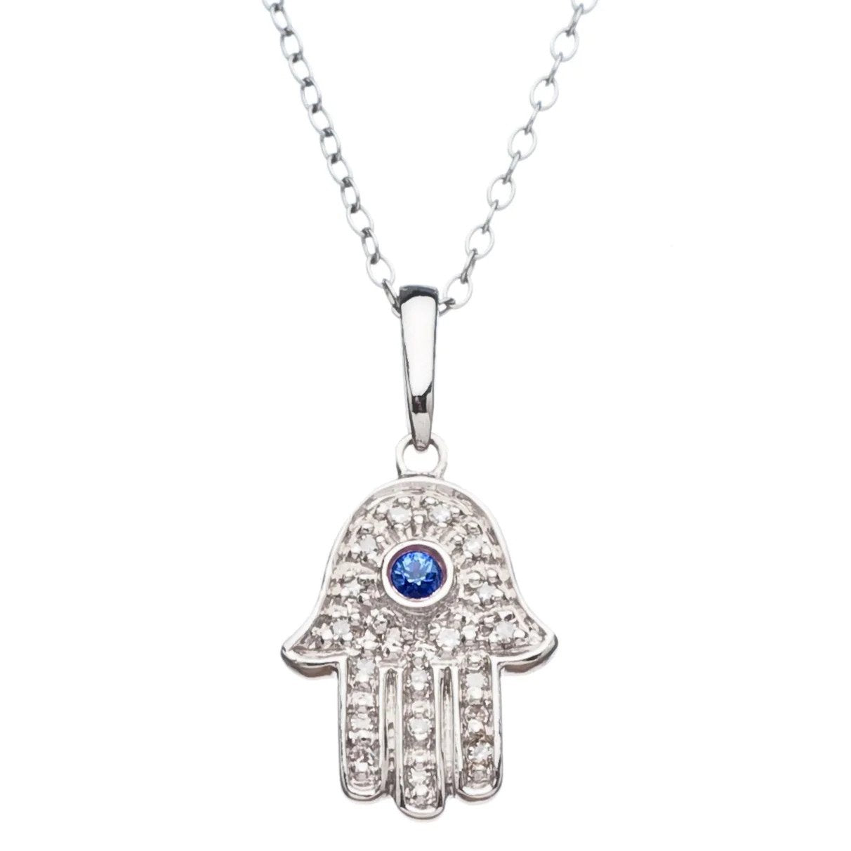 14K White Gold And Diamond Hamsa With Sapphire